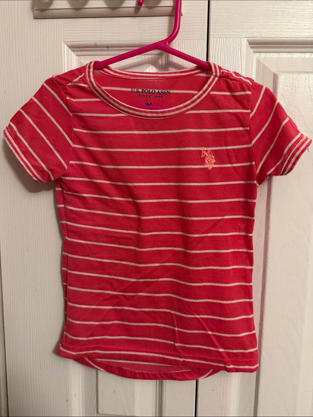 U.S. Polo Assn. Girls Coral Pink & White Striped Short Sleeve Tee